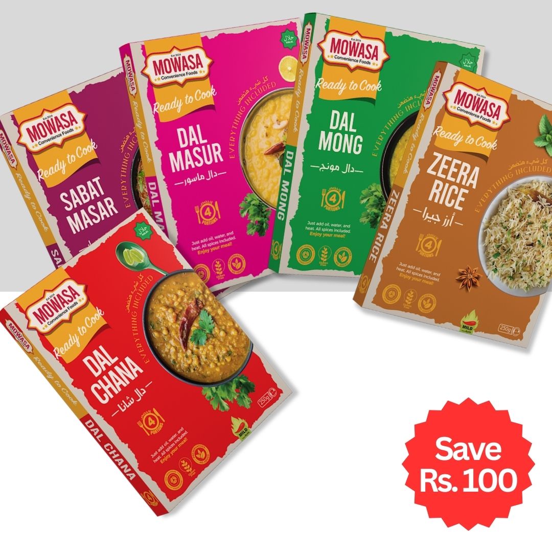 MOWASA Ready-to-Cook Combo Pack featuring five colorful product boxes: Dal Chana, Dal Masur, Dal Mong, Sabat Masar, and Zeera Rice. Each pack is labeled with "Everything Included" and serves 3–4 people. A red badge on the image highlights "Save Rs. 100" for the combo offer.