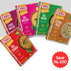 MOWASA Ready-to-Cook Combo Pack featuring five colorful product boxes: Dal Chana, Dal Masur, Dal Mong, Sabat Masar, and Zeera Rice. Each pack is labeled with "Everything Included" and serves 3–4 people. A red badge on the image highlights "Save Rs. 100" for the combo offer.