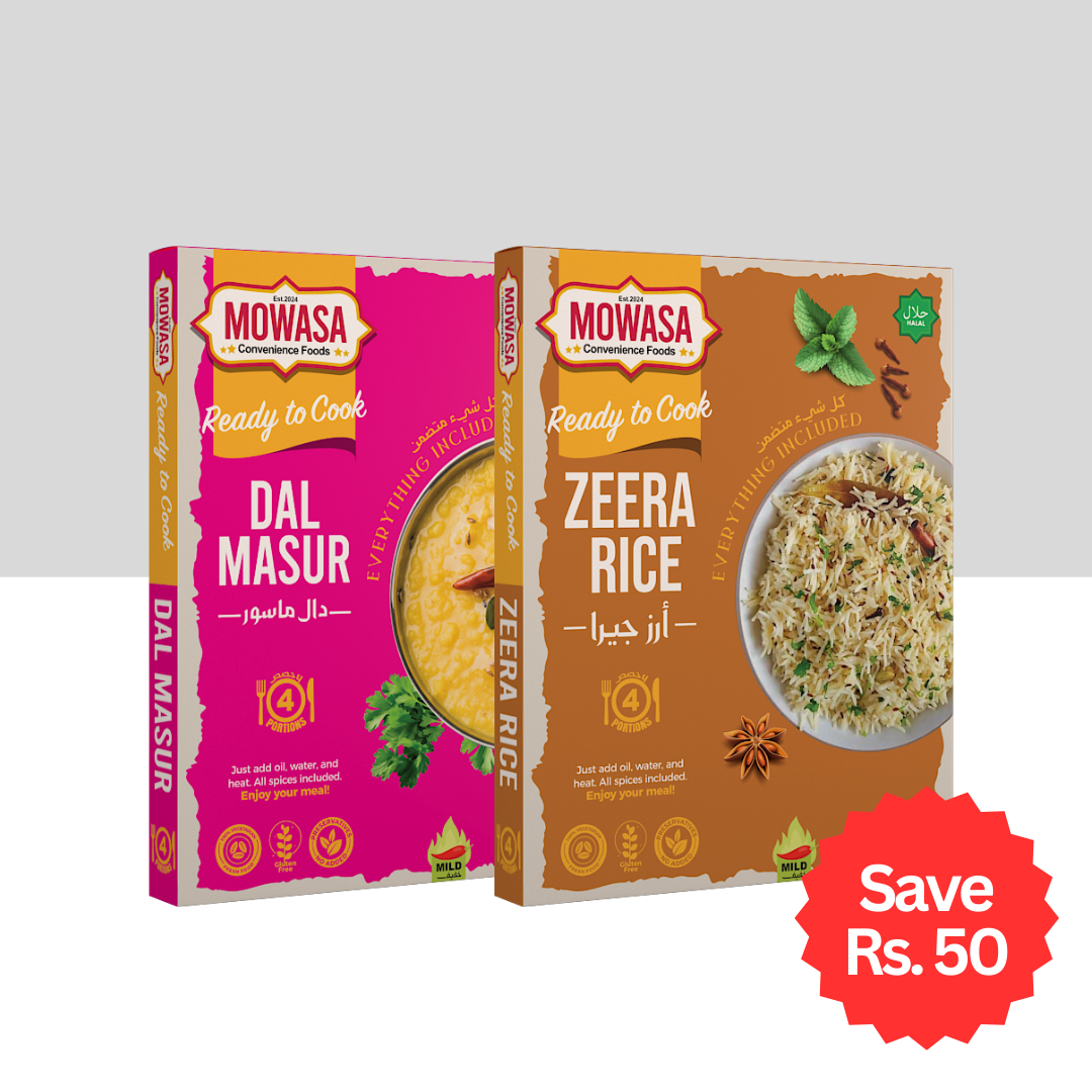 MOWASA Ready to Cook combo pack featuring Dal Masur and Zeera Rice, displayed side by side. The Dal Masur box is bright pink with a bowl of cooked lentils and fresh coriander garnish, while the Zeera Rice box is brown with cumin-spiced rice. Both boxes highlight "Everything Included" and "Ready in 4 Portions." A red badge in the bottom right corner announces “Save Rs. 50.